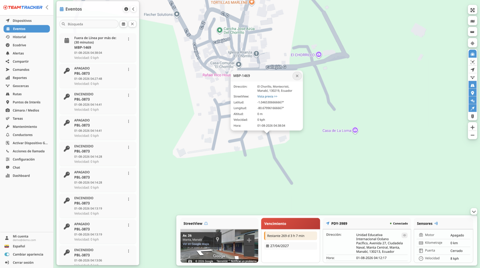 Lista de eventos y alertas de flota